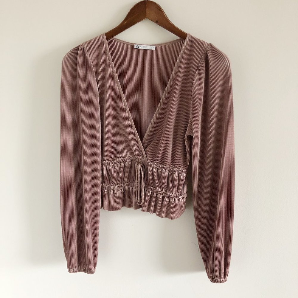ZARA Pleated Crop Blouse Top Puff Sleeve S